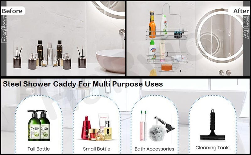 HaRvic Stainless Steel Multipurpose Hanging Shower Caddy 3 Layer Holder Kitchen & Bathroom Organizer Shower Caddies Holder for Shampoo Conditioner and Soap Holder Stand with Hook Pack of 1 - Image 3