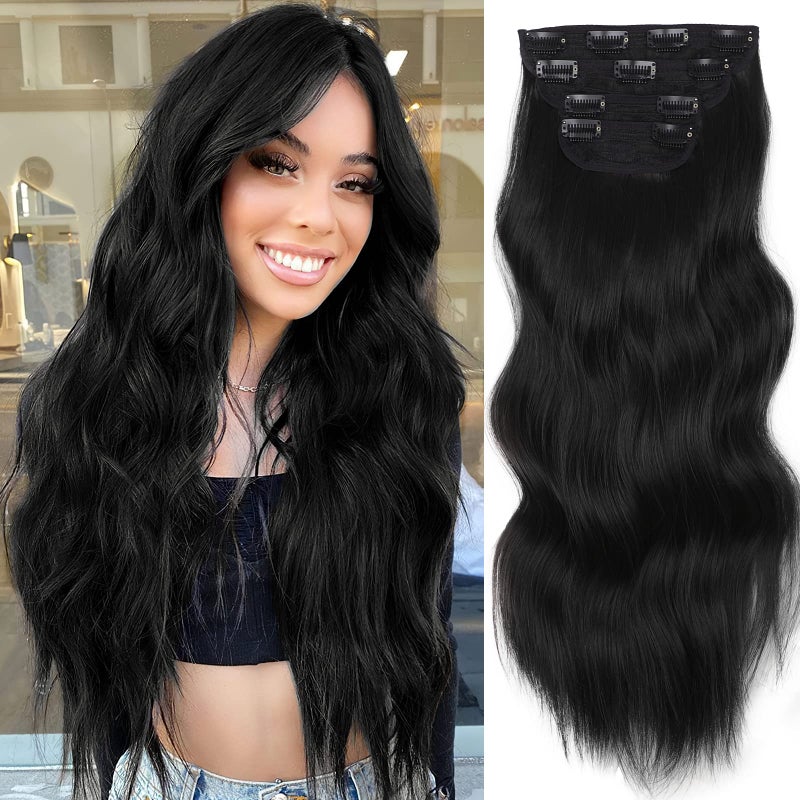 Vigorous Black Hair Extension 20Inch Clip in Hair Extensions 4PCS Natural Thick Synthetic Soft and Natural Thick Hairpieces for Women