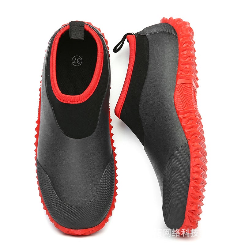 Short Rain Boots Red And Black Low Top Rubber Rain Boots Car Washing Shoes Color Splicing Cow Blanc Water Shoes Couple Rain Boots Waterproof Rain Boots - Image 4