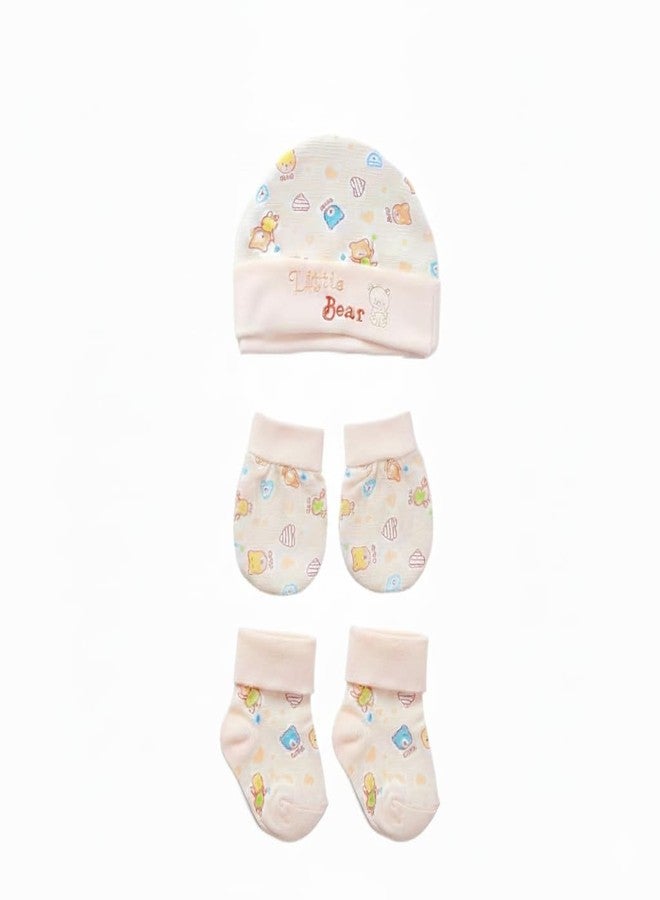 SAFE-O-KID Soft Baby Cotton Colourful Mitten Gloves, Cap & Booty Set for Boys & Girls (0–3 Months)- Assorted - Image 1