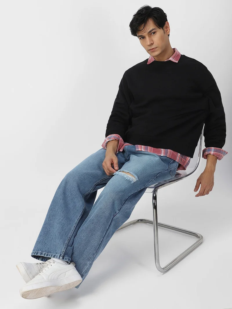 Urbano Fashion  Urbano Fashion Men's Light Blue Loose Baggy Fit Washed Distressed/Torn Jeans Non-Stretchable  | Best Price UAE