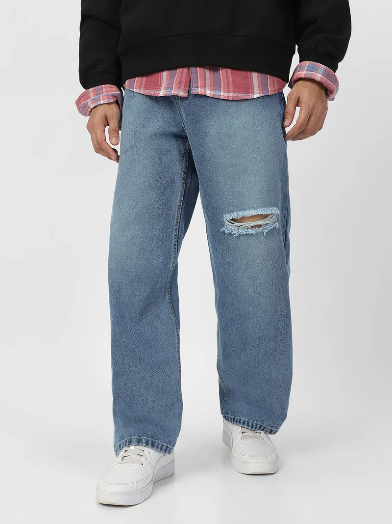 Urbano Fashion  Urbano Fashion Men's Light Blue Loose Baggy Fit Washed Distressed/Torn Jeans Non-Stretchable  | Best Price UAE