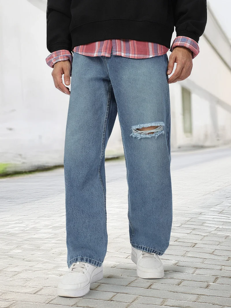 Urbano Fashion Men's Light Blue Loose Baggy Fit Washed Distressed/Torn Jeans Non-Stretchable