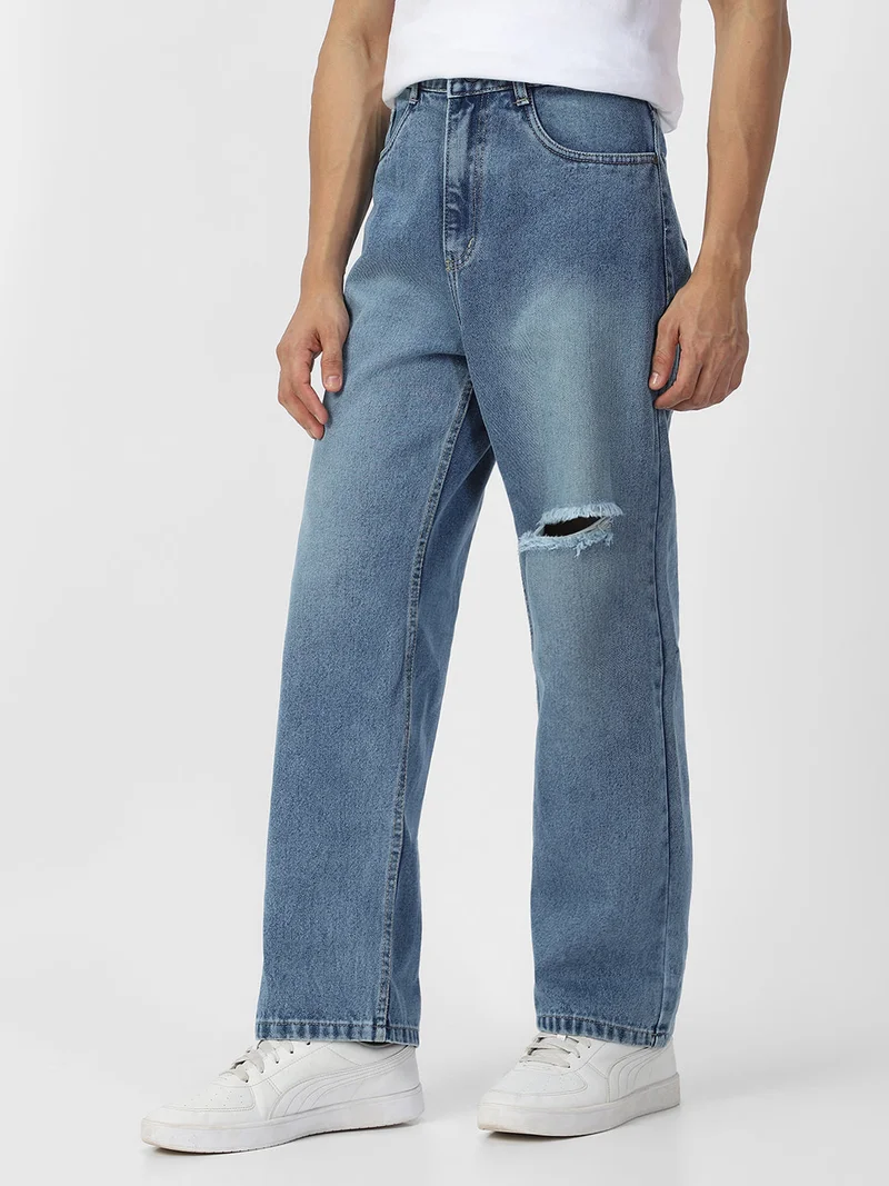 Urbano Fashion  Urbano Fashion Men's Light Blue Loose Baggy Fit Washed Distressed/Torn Jeans Non-Stretchable  | Best Price UAE