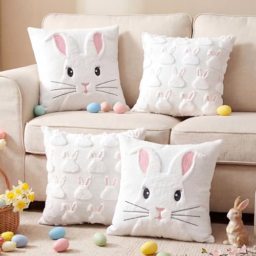 Emvency Easter Throw Pillow Covers 18x18 Set of 4 White Rabbit Bunny Pink Ears Decorative Pillow Cases Soft Plush Faux Fur Wool Couch Cushion Case for Couch Bed Sofa Living Room Home Decor - Image 1
