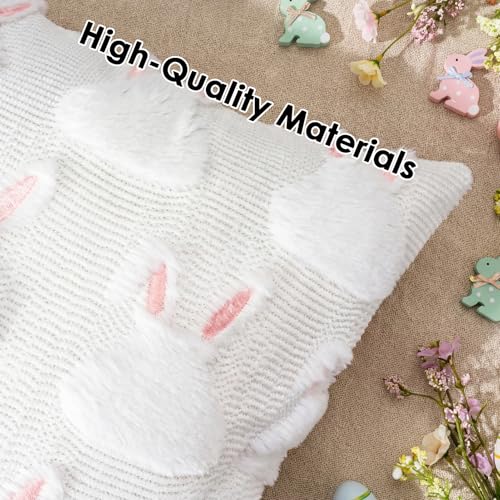 Emvency Easter Throw Pillow Covers 18x18 Set of 4 White Rabbit Bunny Pink Ears Decorative Pillow Cases Soft Plush Faux Fur Wool Couch Cushion Case for Couch Bed Sofa Living Room Home Decor - Image 3