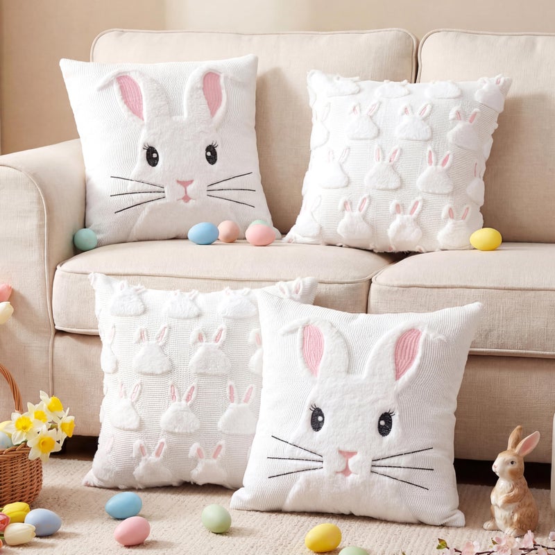 Emvency Easter Throw Pillow Covers 18x18 Set of 4 White Rabbit Bunny Pink Ears Decorative Pillow Cases Soft Plush Faux Fur Wool Couch Cushion Case for Couch Bed Sofa Living Room Home Decor - Image 2