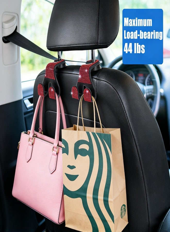 MTGOCHA Bling Car Purse Hooks 2Pcs, Durable Car Headrest Hook, Holds 44Lbs, Double-Hooks, Wide-Opening, Rhinestone Automobile Purse Hangers Holder, Bling Car Accessories for Women, Red - Image 2
