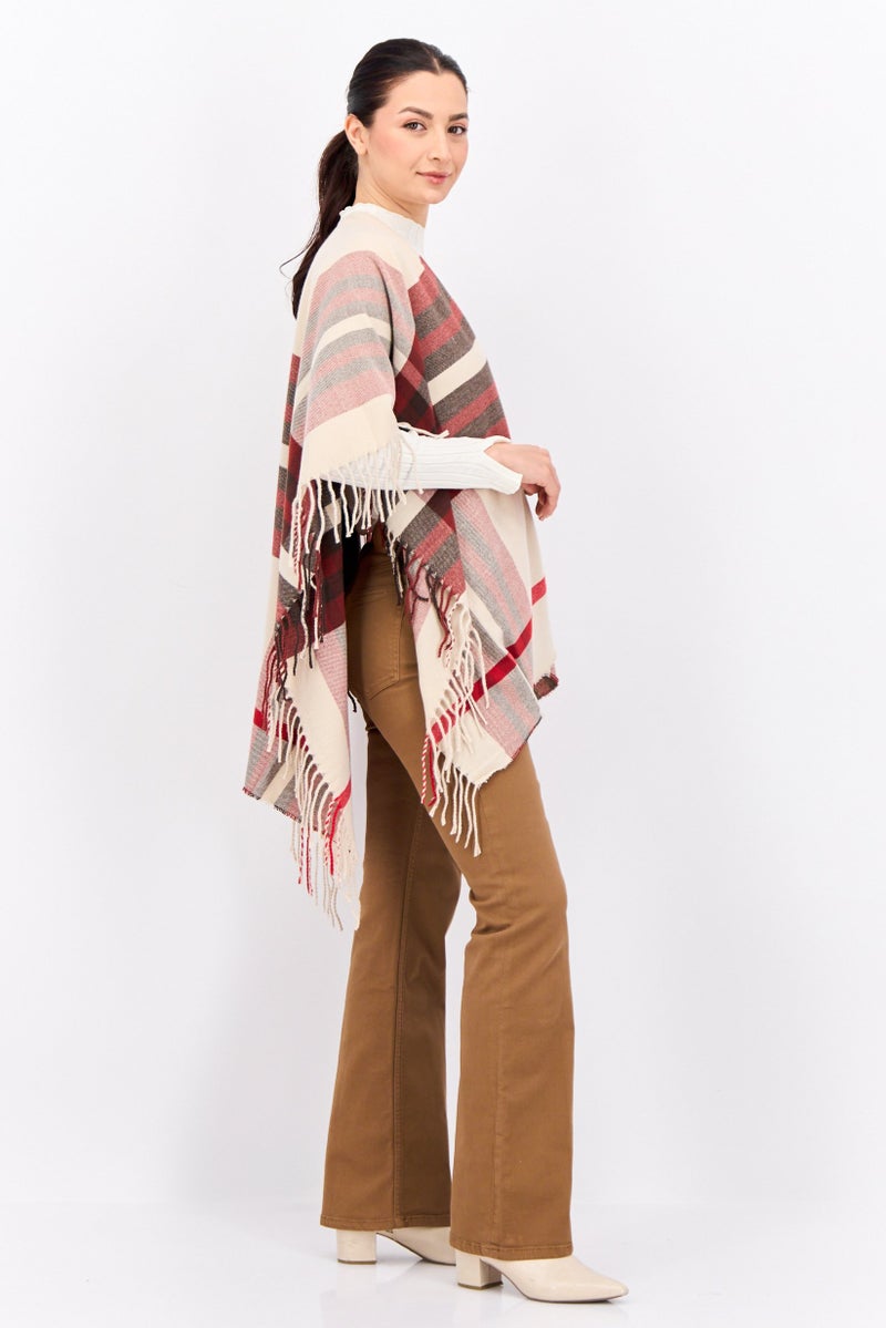 ADRIENNE VITTADINI Women So Soft Plaid Ruana Wrap With Finges 100 L x 80 H cm, Taupe  - Image 3