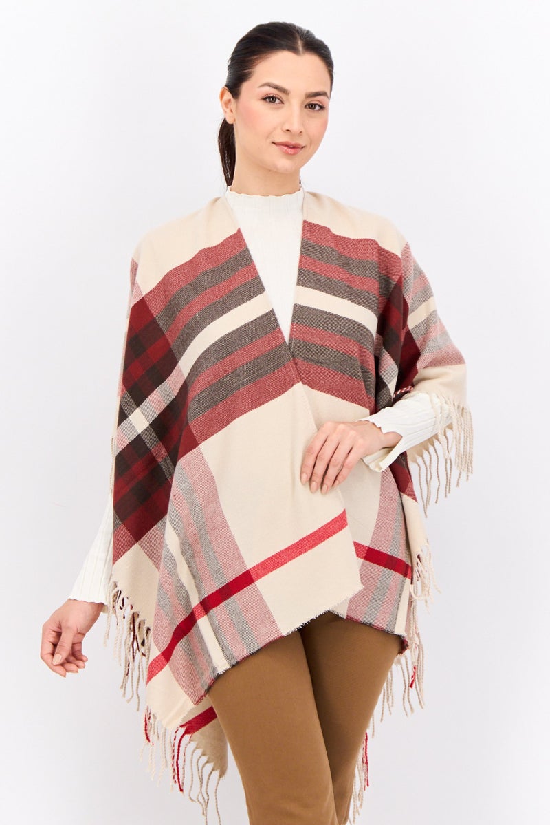 ADRIENNE VITTADINI Women So Soft Plaid Ruana Wrap With Finges 100 L x 80 H cm, Taupe  - Image 1