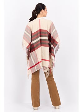 ADRIENNE VITTADINI Women So Soft Plaid Ruana Wrap With Finges 100 L x 80 H cm, Taupe  - Image 4