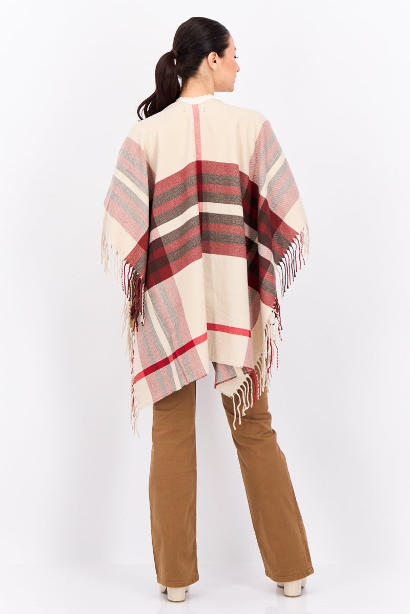 ADRIENNE VITTADINI Women So Soft Plaid Ruana Wrap With Finges 100 L x 80 H cm, Taupe  - Image 4