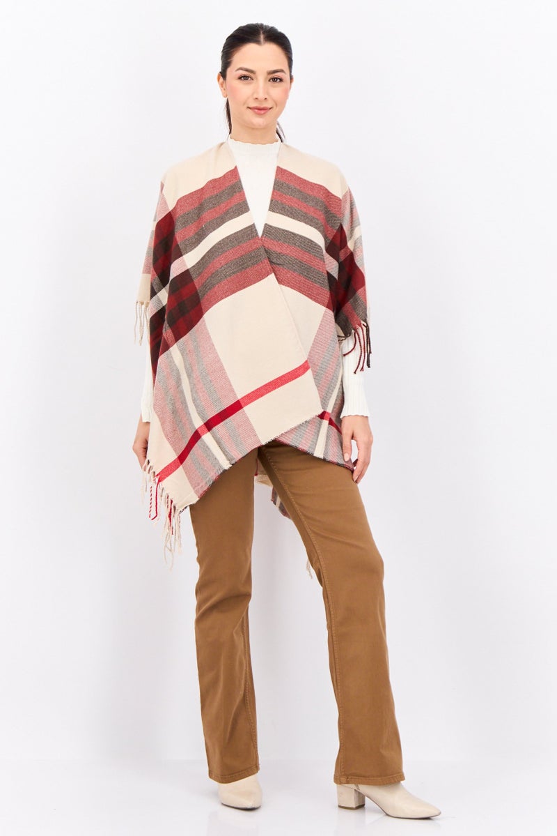 ADRIENNE VITTADINI Women So Soft Plaid Ruana Wrap With Finges 100 L x 80 H cm, Taupe  - Image 2