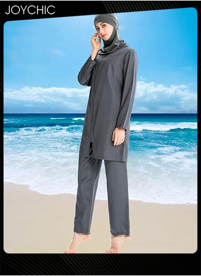 Joychic - 3-piece Muslim Women Conservative Swimwear Set Summer Casual Comfortable and Sun Protection Long Sleeve Zipper Closure Swimsuit Lightweight Beach Wear Grey - Image 1