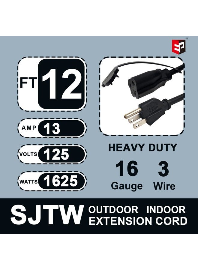 EP Outdoor Extension Cord 1 to 3 Splitter, Max 6ft End to End (12FT Total), 3 Prong Outlets Plugs, 16/3 SJTW Weatherproof Wire for Christmas Landscape String Lights, Black - Image 2