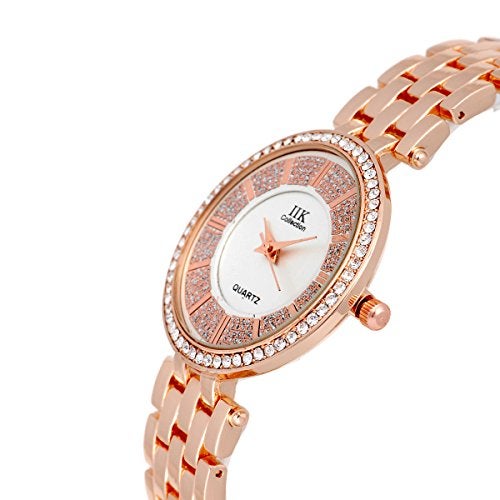 IIK COLLECTION Watches for Women Round Diamond Studded Dial Girls Analogue Quartz Movement Ladies Watch Stainless Steel Adjustable Bracelet Chain Double Lock Clasp Safety Watches for Girls. - Image 3