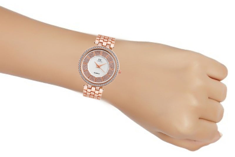 IIK COLLECTION Watches for Women Round Diamond Studded Dial Girls Analogue Quartz Movement Ladies Watch Stainless Steel Adjustable Bracelet Chain Double Lock Clasp Safety Watches for Girls. - Image 5
