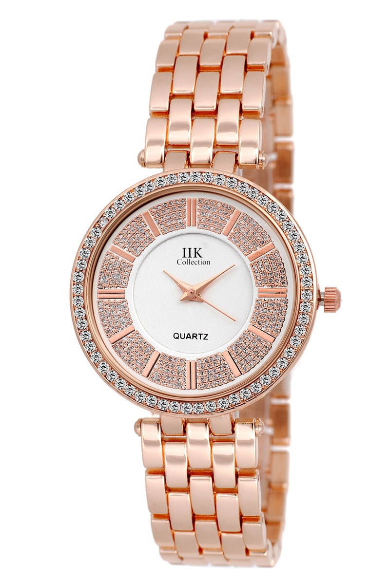 IIK COLLECTION Watches for Women Round Diamond Studded Dial Girls Analogue Quartz Movement Ladies Watch Stainless Steel Adjustable Bracelet Chain Double Lock Clasp Safety Watches for Girls. - Image 1