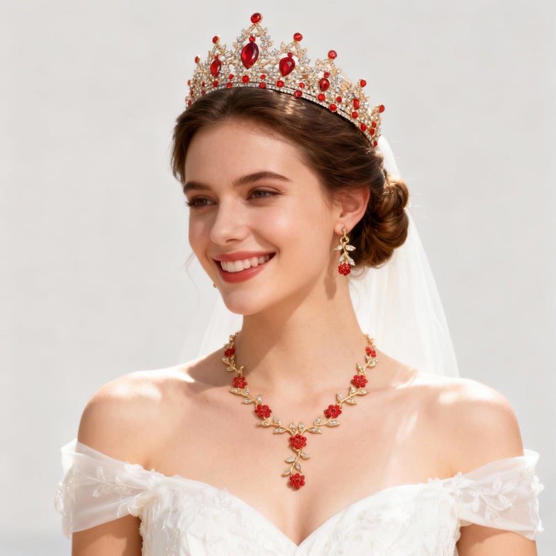 Kamirola Tiaras and Crowns for Women,Tiaras Earrings Necklace, Crystal Bridal Jewelry Set, Costume Party Halloween Prom Pageant Jewelry for Women(TR45) (Gold Red) - Image 4