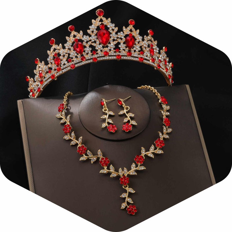 Kamirola Tiaras and Crowns for Women,Tiaras Earrings Necklace, Crystal Bridal Jewelry Set, Costume Party Halloween Prom Pageant Jewelry for Women(TR45) (Gold Red) - Image 1