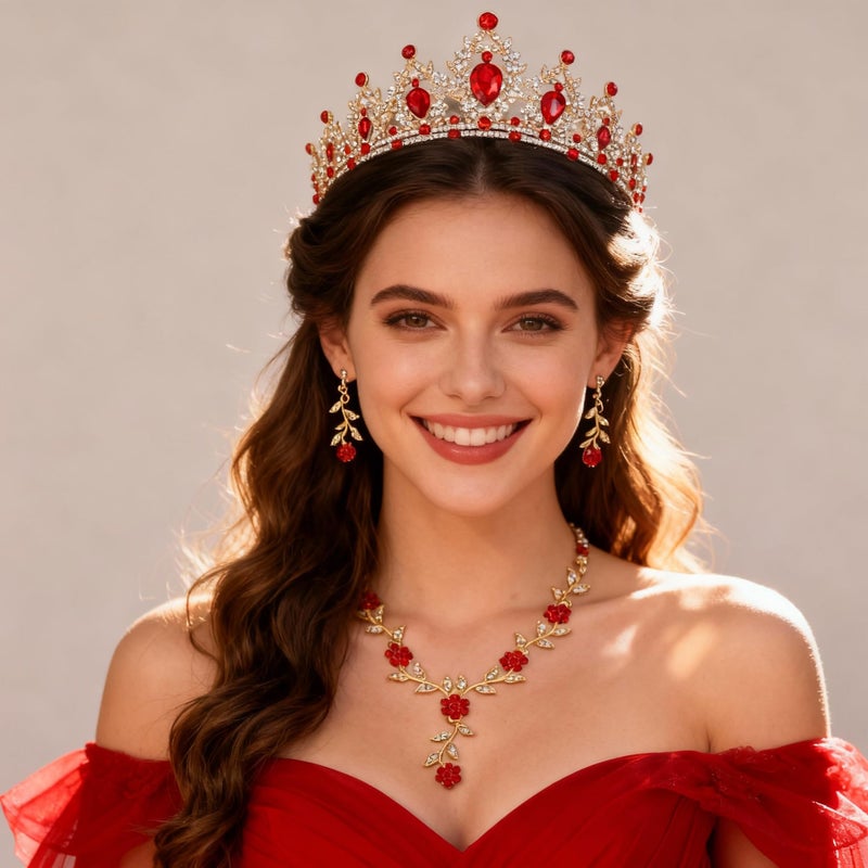 Kamirola Tiaras and Crowns for Women,Tiaras Earrings Necklace, Crystal Bridal Jewelry Set, Costume Party Halloween Prom Pageant Jewelry for Women(TR45) (Gold Red) - Image 5