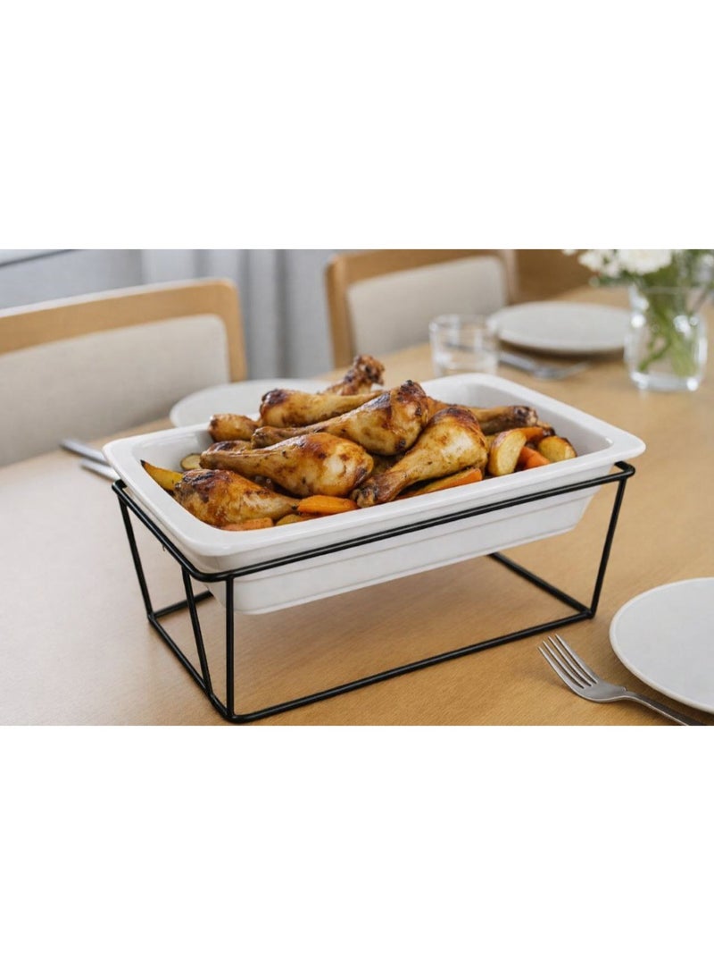 ناما استاند مستطيل معدن ارتفاع 10 سم   اسود بطاجن بورسلين ابيض مقاس 33 سم *18سم