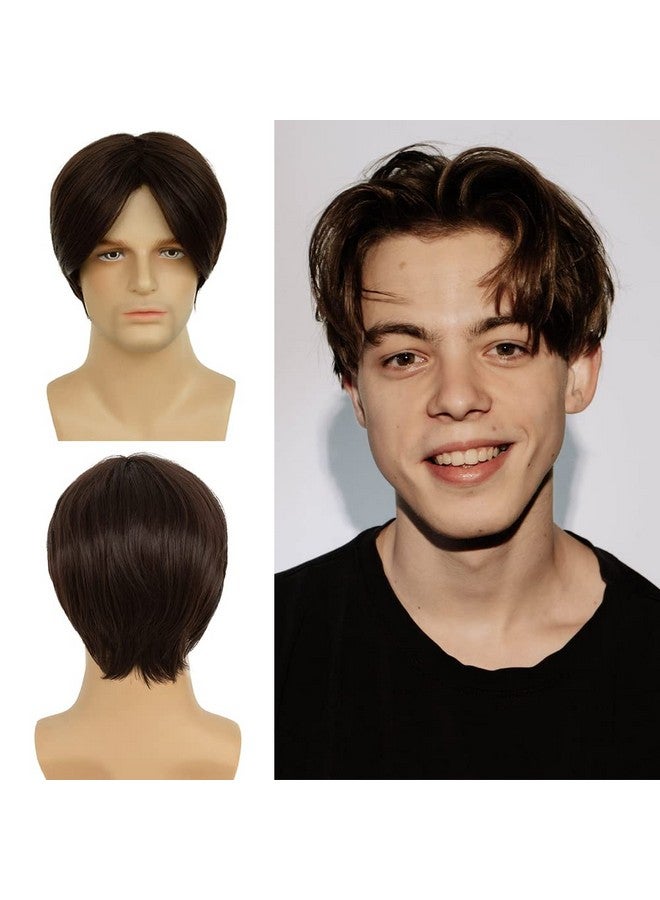 Tseses Brown Men Wigs Short Layered Straight Middle Part Fluffy Hair for Male Guy Synthetic Daily Cosplay Wigs with Cap（Brown） - Image 1