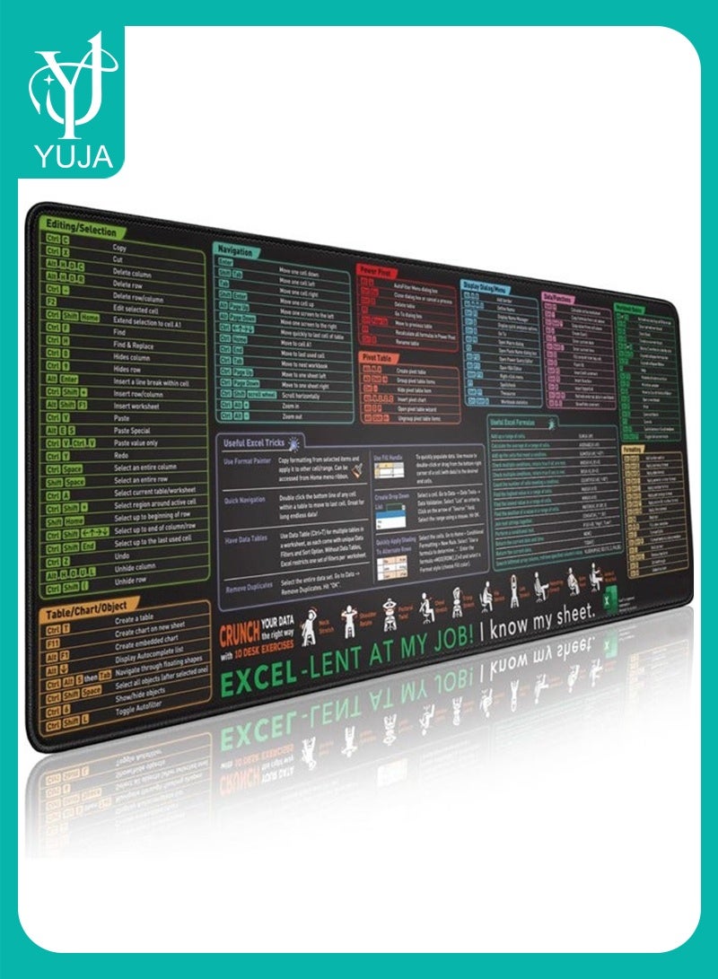 YUJA Excel Shortcut Keys Mouse Pad - Extended Large XL Cheat Sheet Gaming Mousepad | PC Office Spreadsheet Keyboard Mat | Non-Slip Stitched Edge - Image 1