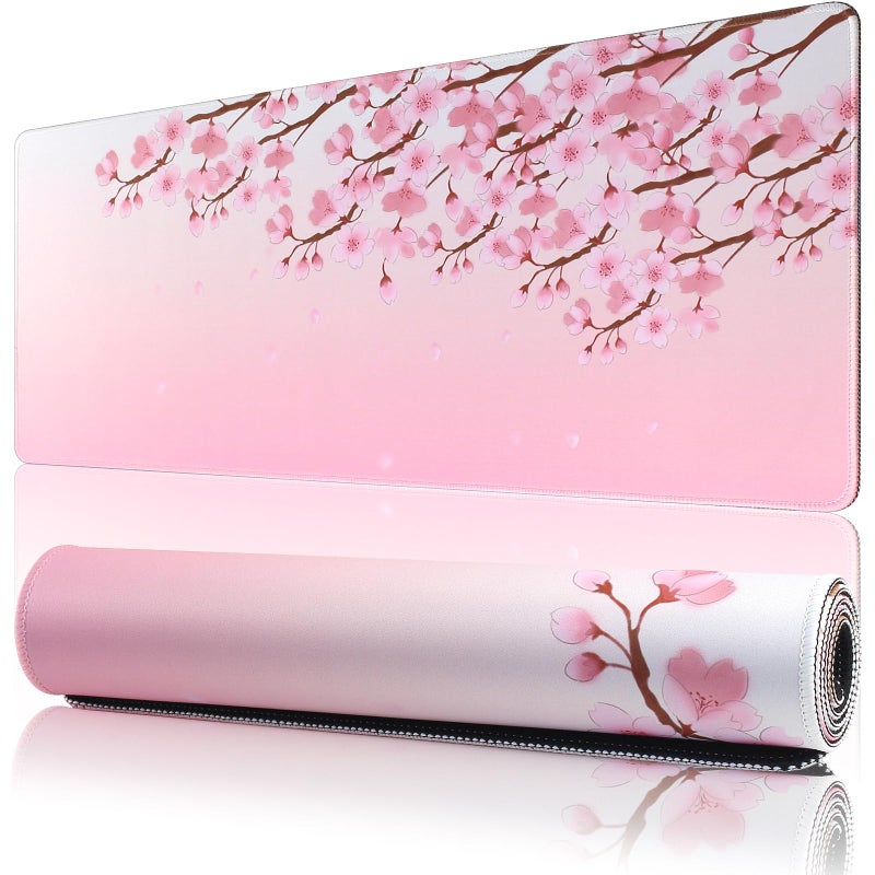 MasiBloom 11.8x23.6 Inches Large Gaming Mouse Pad Mat with Stitched Edge Non-Slip Rubber Base Washable Resilient for Office Computers Laptop Table Mouse Pads Mats Accessory (Pink Flowers) - Image 1
