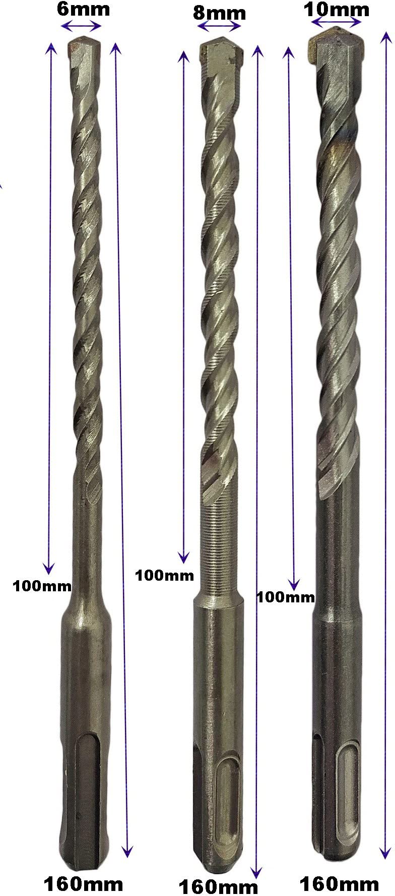DUMDAAR SDS-Plus Flat Chisel & Point Bit Set for Rotary Hammer Drills, 6/8/10mm x 160mm Masonry Twin Spiral Drill Bits, 1/2" 3-Jaw Key Chuck With SDS-Plus Adapter, 1.5-13mm Capacity - Image 4