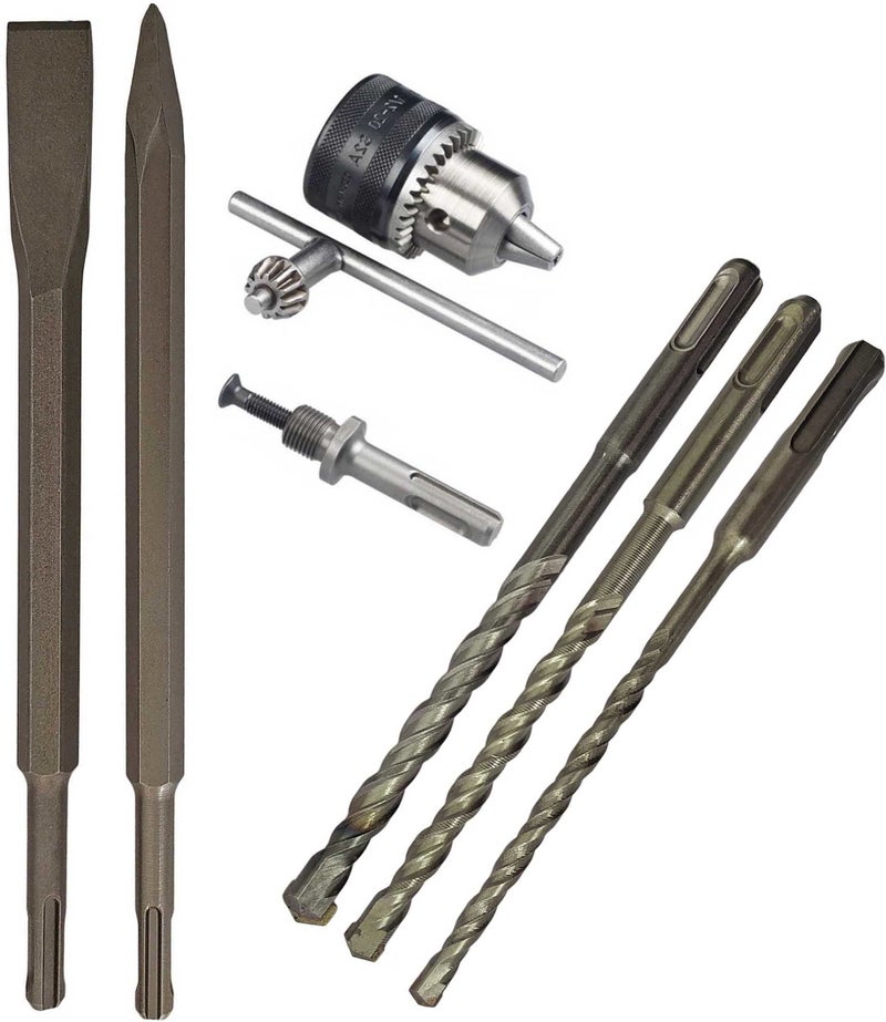DUMDAAR SDS-Plus Flat Chisel & Point Bit Set for Rotary Hammer Drills, 6/8/10mm x 160mm Masonry Twin Spiral Drill Bits, 1/2" 3-Jaw Key Chuck With SDS-Plus Adapter, 1.5-13mm Capacity - Image 1