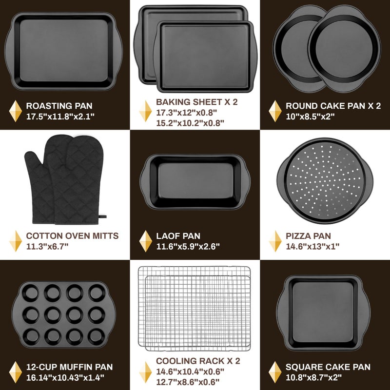 Gymdin 13 PCS Nonstick Bakeware Set - Carbon Steel Baking Pans Set with Dual Handles, Includes Roasting Pan, Pizza Pan, Cookie Sheet, Cake Pans, Muffin Pans, Cooling Rack, Oven Mitts, Non-Toxic - Image 3