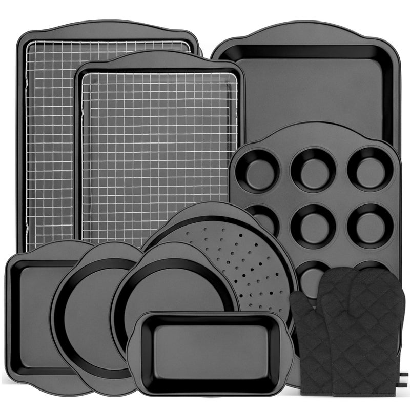 Gymdin 13 PCS Nonstick Bakeware Set - Carbon Steel Baking Pans Set with Dual Handles, Includes Roasting Pan, Pizza Pan, Cookie Sheet, Cake Pans, Muffin Pans, Cooling Rack, Oven Mitts, Non-Toxic - Image 1