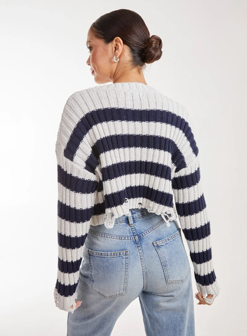 Pink Vanilla Distressed Striped Crop Knit Jumper