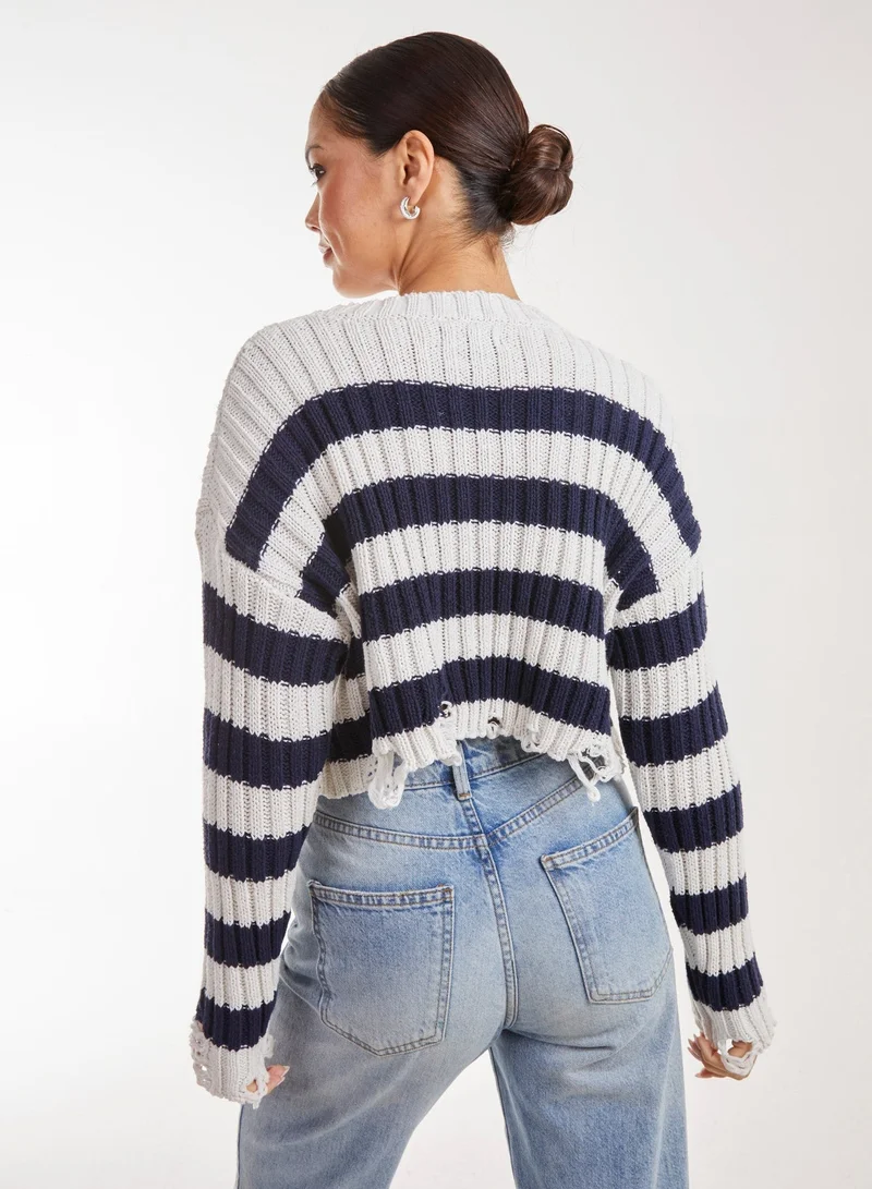 Pink Vanilla Distressed Striped Crop Knit Jumper