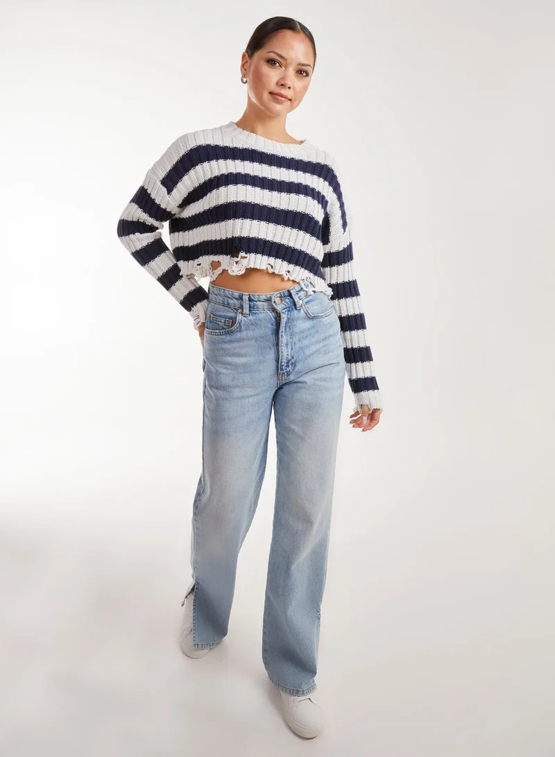 Pink Vanilla  Distressed Striped Crop Knit Jumper for Women | Best Price UAE