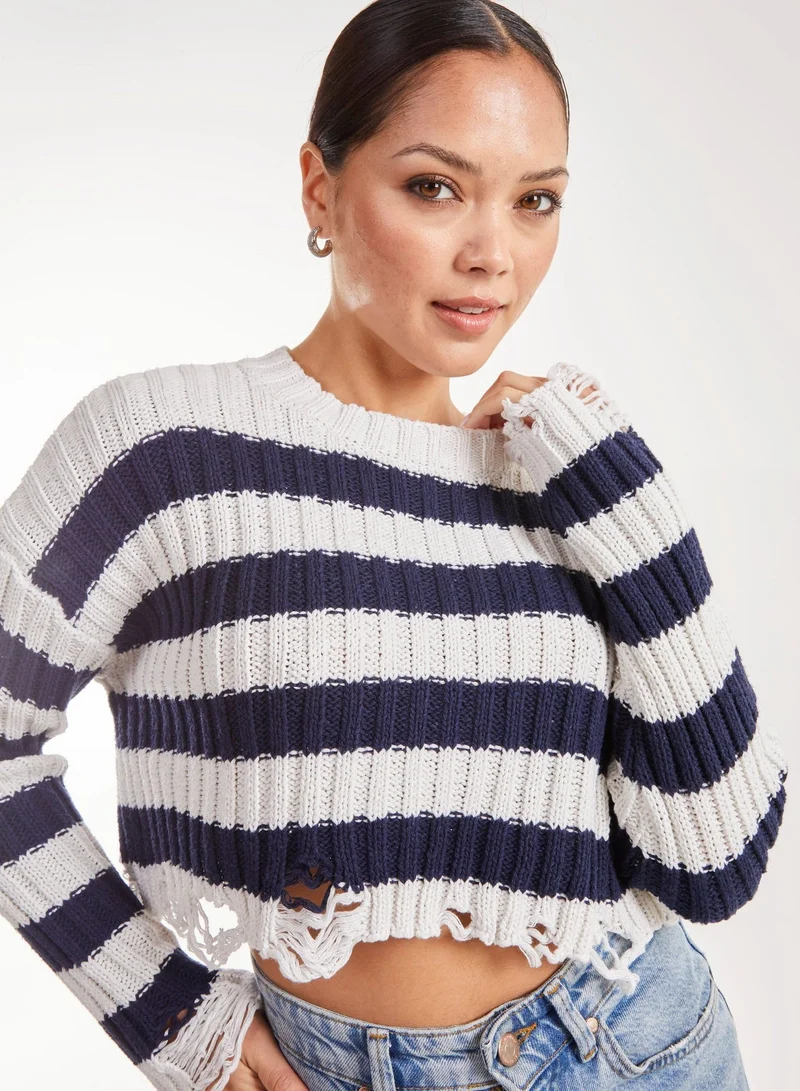 Pink Vanilla  Distressed Striped Crop Knit Jumper for Women | Best Price UAE