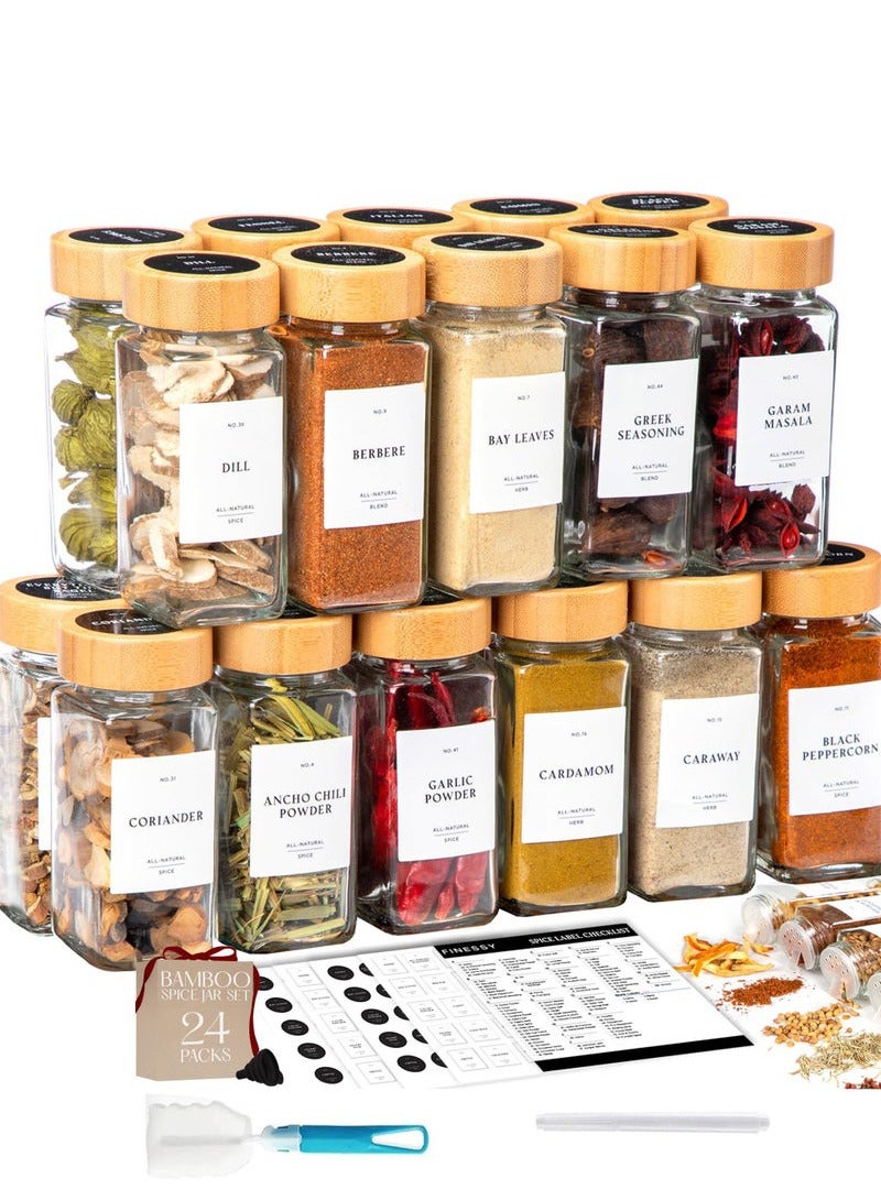 XiuWoo 24 Pack Bamboo Glass Spice Jars with Labels and Shaker Lids Clear Empty Bottles Set, Glass Spice Containers with Labels, Seasoning Organizer Jars  - Image 1
