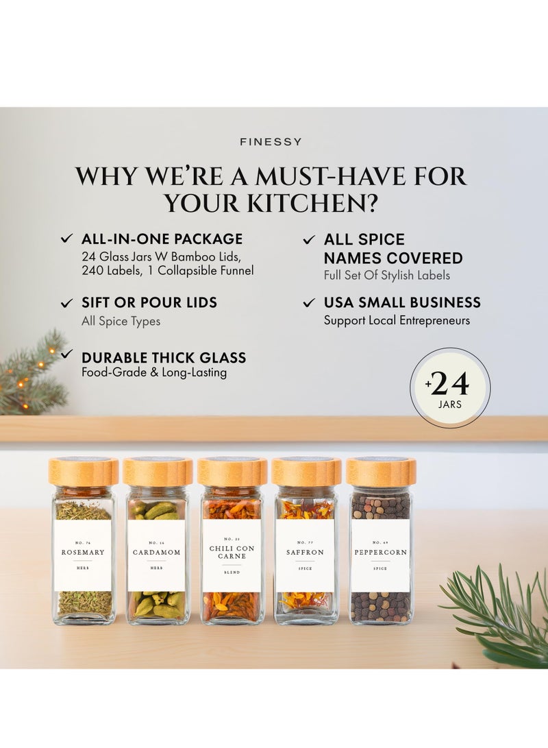 XiuWoo 24 Pack Bamboo Glass Spice Jars with Labels and Shaker Lids Clear Empty Bottles Set, Glass Spice Containers with Labels, Seasoning Organizer Jars  - Image 2