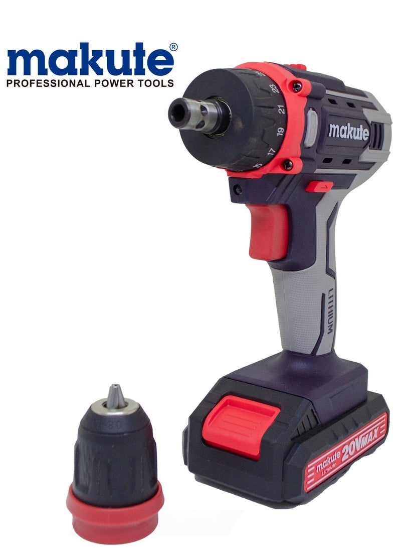 makute Drill With Two 20 Volt Batteries And Charger, Speed 1450 rpm, Chuck Size 10 mm - Image 2
