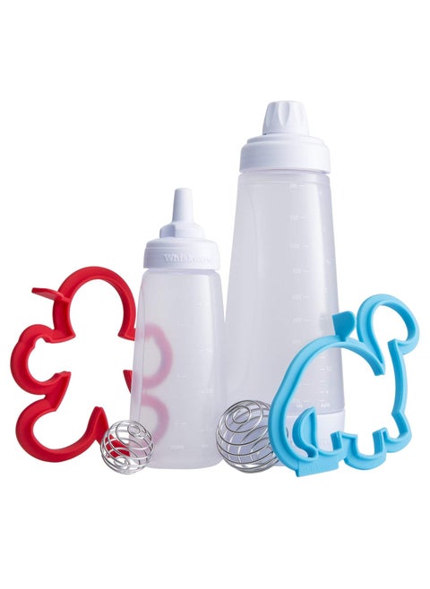 Whiskware Pancake Art Kit with Batter Mixer Art Bottle BlenderBall Wire Whisk and 2 Pancake Shapers