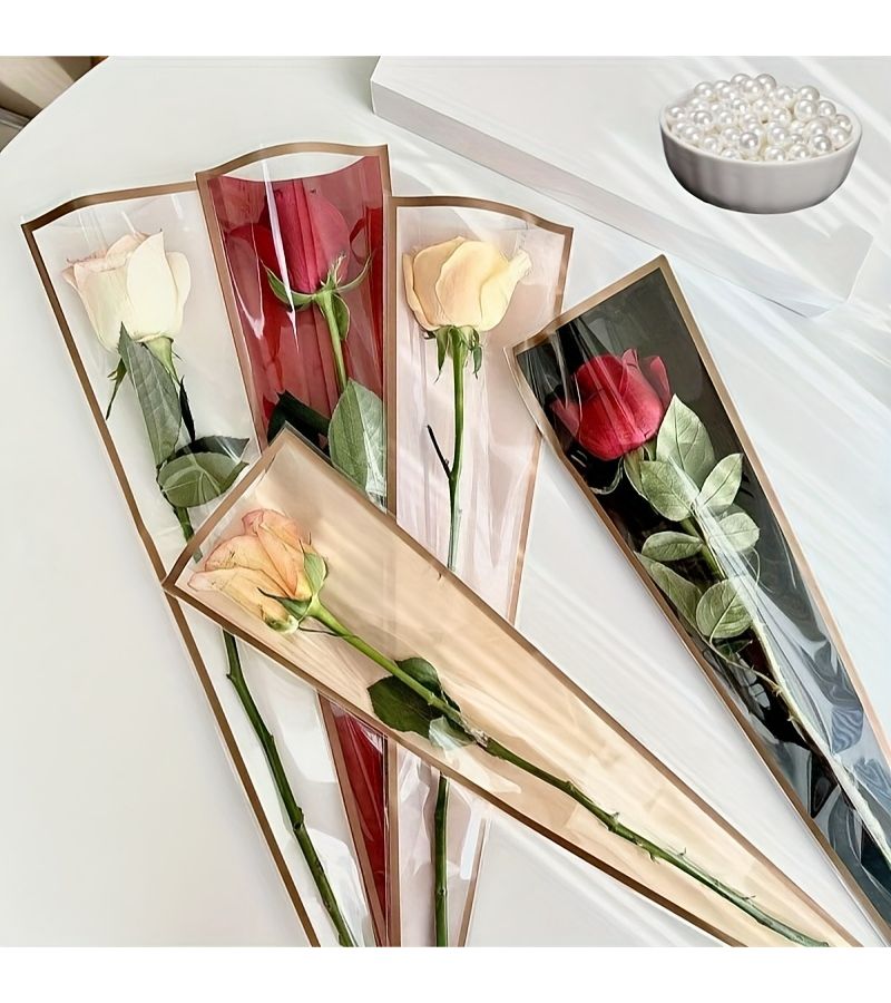 10pcs Pink Color Easy Frame Golden Edge Rose Single Bag Small Bouquet Flower Packaging OPP Paper Handmade Wrapping Suitable for Various Flowers Tulips Carnations - Image 3