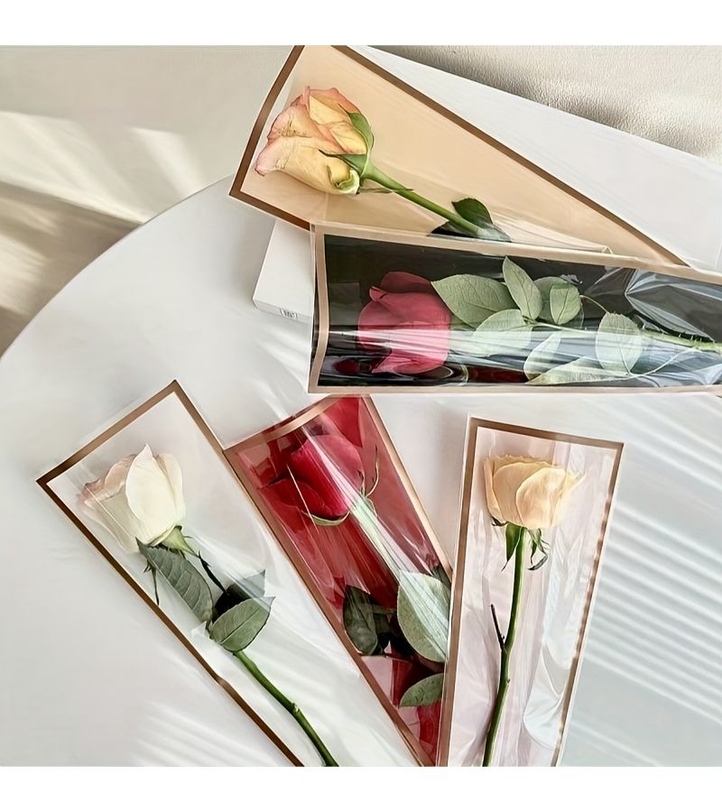 10pcs Pink Color Easy Frame Golden Edge Rose Single Bag Small Bouquet Flower Packaging OPP Paper Handmade Wrapping Suitable for Various Flowers Tulips Carnations - Image 5
