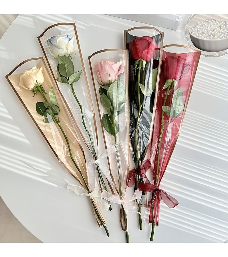 10pcs Pink Color Easy Frame Golden Edge Rose Single Bag Small Bouquet Flower Packaging OPP Paper Handmade Wrapping Suitable for Various Flowers Tulips Carnations - Image 2
