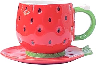 Noviko Strawberry Coffee Cup Ceramic Tea Cup with Saucer for Latte, Cappuccino - 9 oz (Red) - Image 1