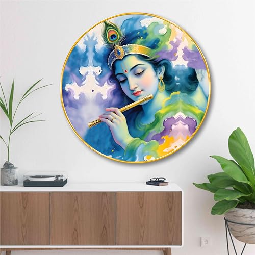 SAF Lord Krishna Wall Painting – Divine Flute Art in Round Golden Frame | Spiritual Wall Décor for Living Room, Bedroom, Pooja Room & Office | Hindu Religious Home Decoration (16 X 16 Inch) GRM-289 - Image 1