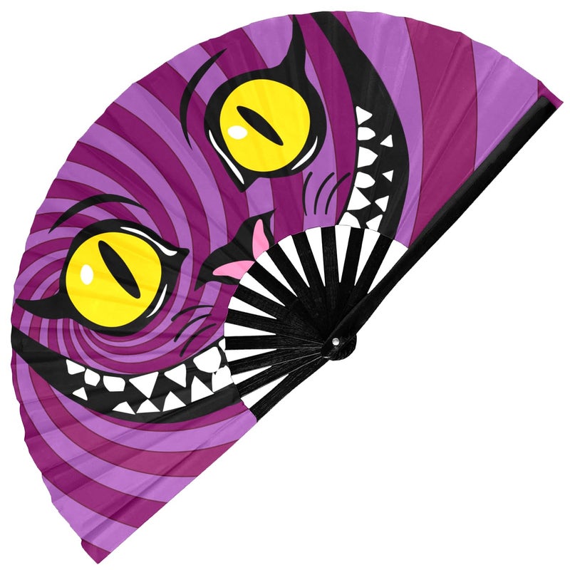 GloFX Large Hand Fan  Alice in Wonderland Cheshire Cat Fan  Bamboo Folding Fans for Rave Accessories and Festival Essentials