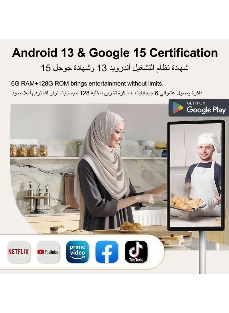 فلاشهوك شاشة متنقلة - تلفزيون متنقل ذكي محمول بشتلفزيون اشة لمس أرضية قابلة للتعديل، مقاس 21.5 بوصة | نظام التشغيل أندرويد | ذاكرة وصول عشوائي (RAM) سعة 6 جيجابايت + سعة تخزين 128 جيجابايت |شاشه متنقله كاميرا مدمجة، بطارية 6000 أمبير/ساعة، وقت تشغيل فيديو 8 ساعات، لون أبيض - Image 4