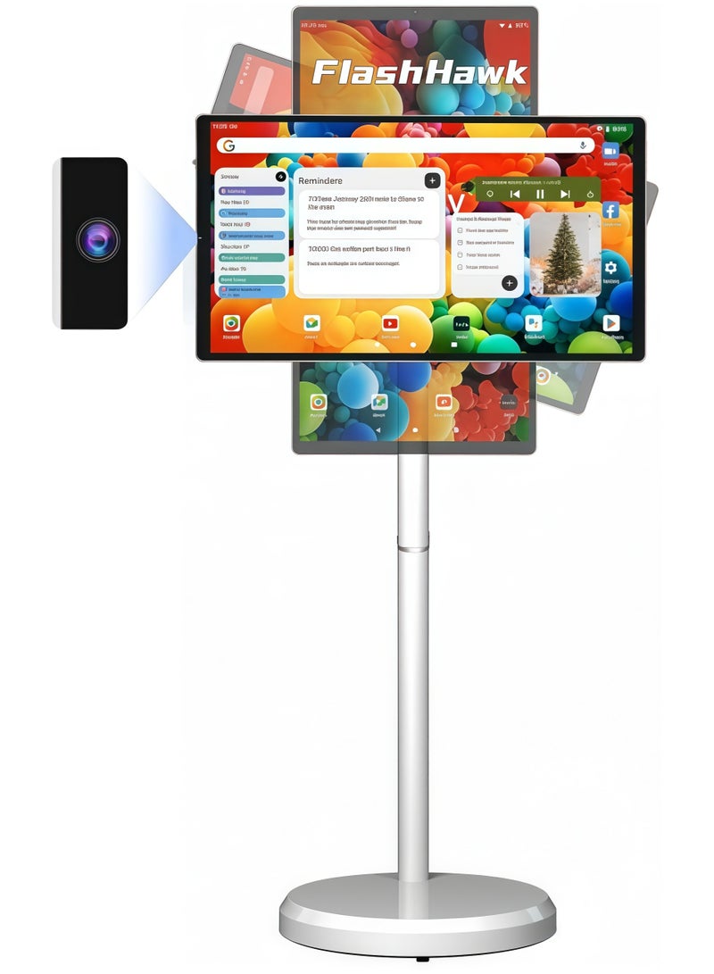 فلاشهوك شاشة متنقلة - تلفزيون متنقل ذكي محمول بشتلفزيون اشة لمس أرضية قابلة للتعديل، مقاس 21.5 بوصة | نظام التشغيل أندرويد | ذاكرة وصول عشوائي (RAM) سعة 6 جيجابايت + سعة تخزين 128 جيجابايت |شاشه متنقله كاميرا مدمجة، بطارية 6000 أمبير/ساعة، وقت تشغيل فيديو 8 ساعات، لون أبيض - Image 1
