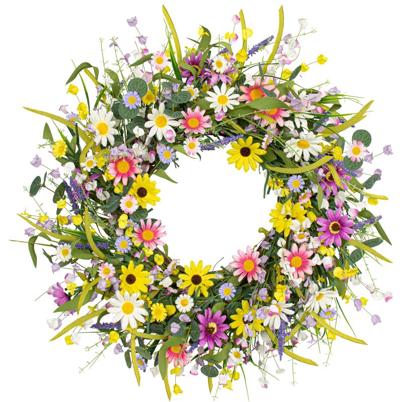 Yawwind 24 Inches Spring Wreaths for Front Door Spring Flower Wreaths Summer Door Wreath Colorful Wildflower Wreath with Daisy Lavender for Window Indoors Outdoor Decor - Image 1